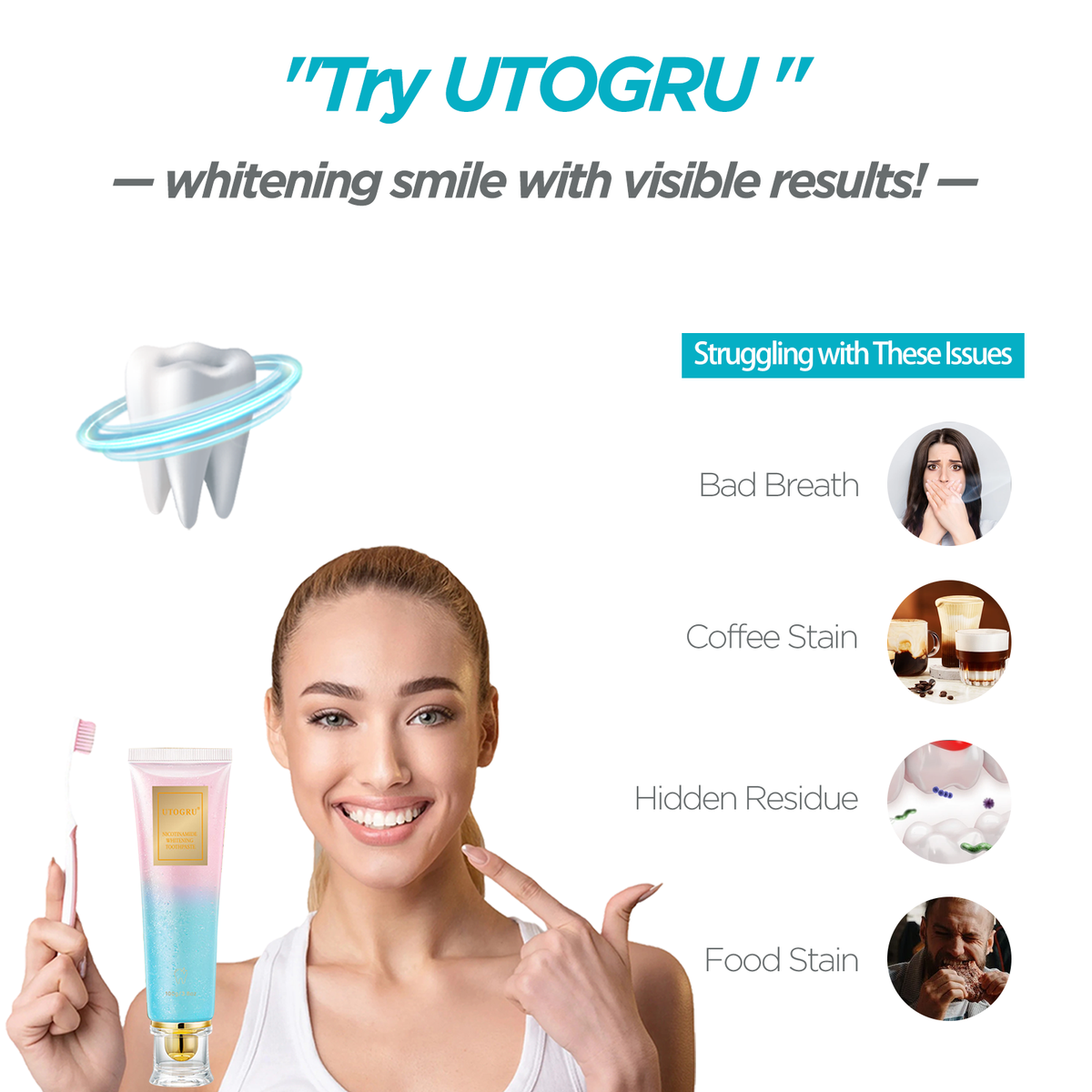 UTOGRU Whitening Toothpaste – Instant Bright Smile & Long-Lasting Fresh Breath